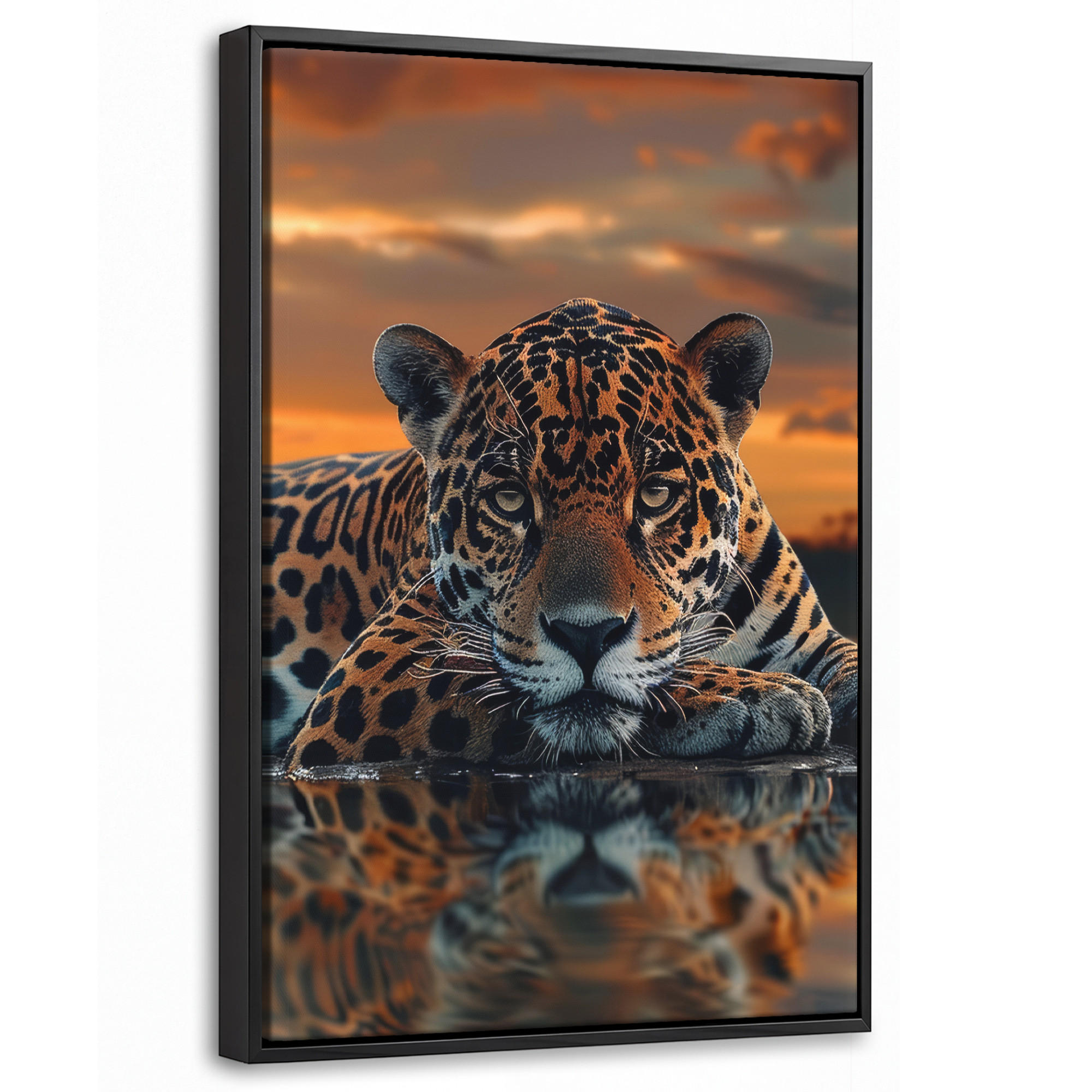 LEINWAND Bilder mit Rahmen - Natur - Leopard - Tier - Sonnenuntergang - Modern - 40x60 - Orange, Textil (40/60cm) - MuchoWow