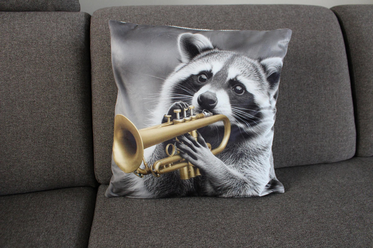 KISSENHÜLLE WASCHBÄR BILL Trompete - Hellgrau, Textil (45/45cm) - Yve! decoration