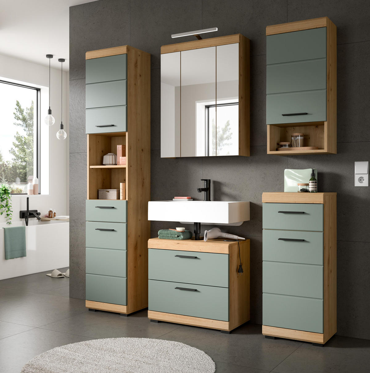 BADKOMMODE Salbei grün, Eiche Artisan 74 x 88 cm, Badschrank mit Vollauszug - Salbeigrün/Schwarz, Holzwerkstoff/Kunststoff (74/88/31cm) - Inn.Furn