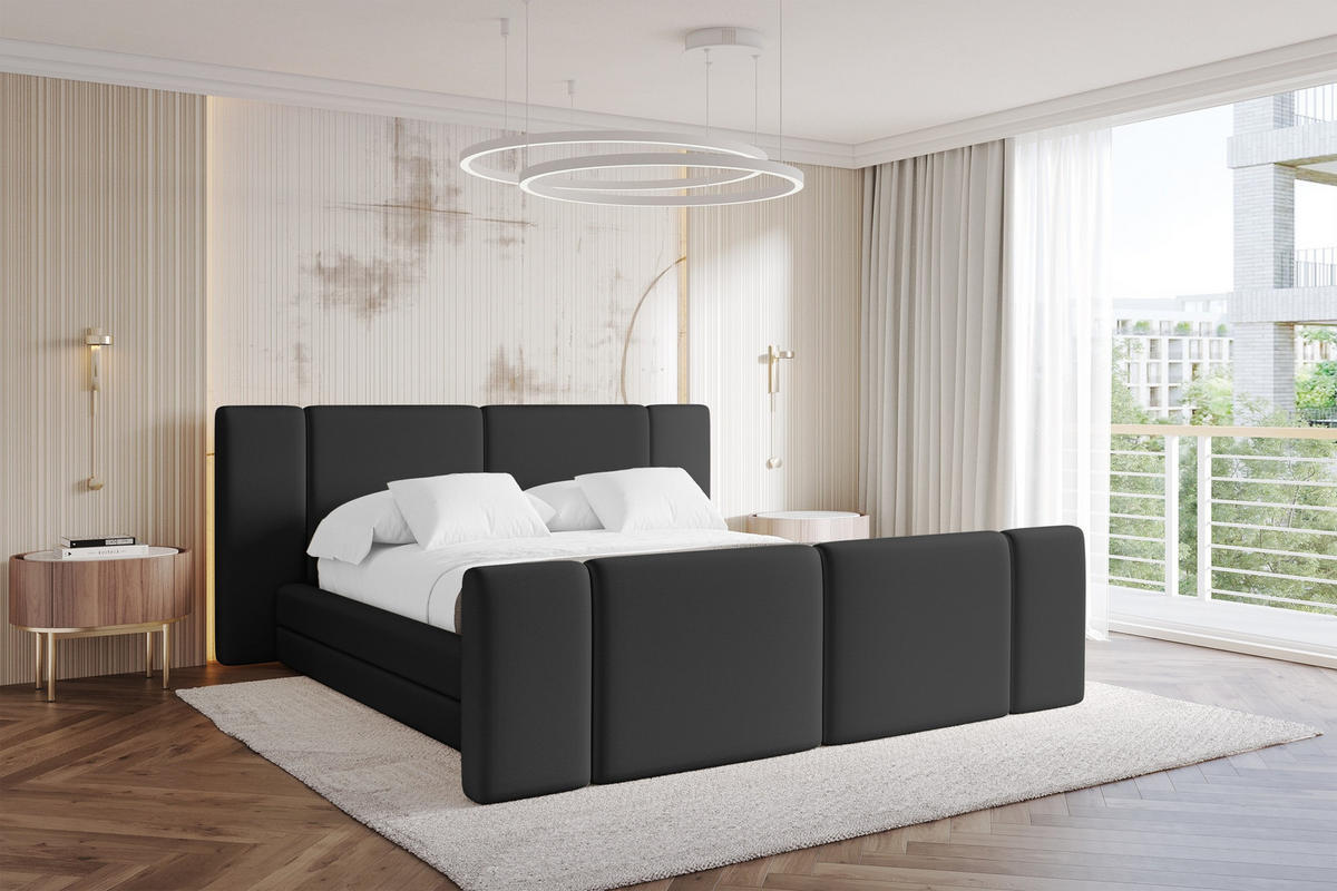 POLSTERBETT mit Bettkasten, Fußteil und Lattenrost, Bett mit Matratze H3/H4 - TEVO-Z 200x200 Schwarz - Schwarz Hochglanz, Holzwerkstoff/Textil (200/200cm) - ALTDECOR
