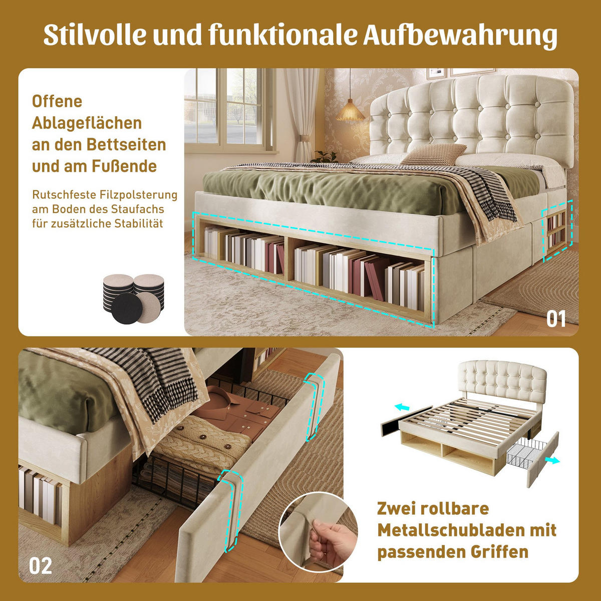 POLSTERBETT & 2 Schubladen Gepolstertes Kopfteil - Beige, Textil (140/200cm)