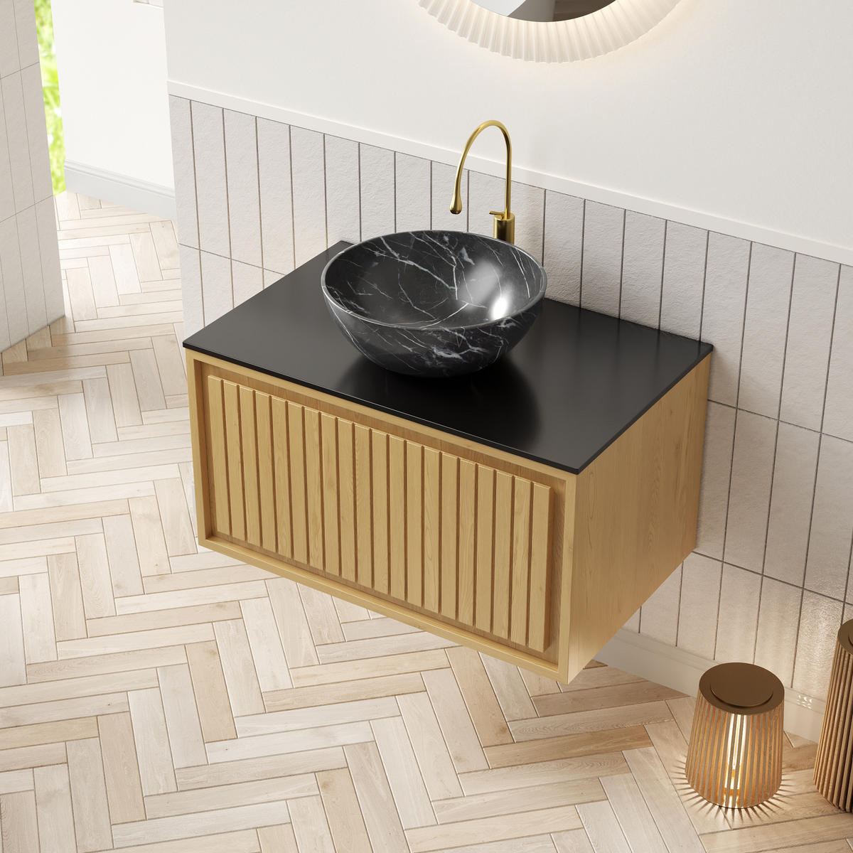 WASCHTISCHKOMBI 61 cm Schwarz/Golden Oak aus Keramik und Sinterstein mit Soft-Close - Goldfarben, Keramik (76/55.1/48cm) - OKMYHOME