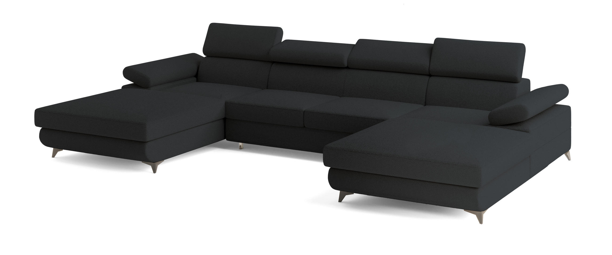 WOHNLANDSCHAFT DETTI Schwarz Boucle-Stoff mit Schlaffunktion - Schwarz, Holz (339/89/190cm) - MASSENO