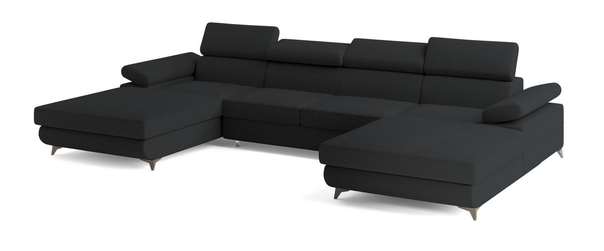 WOHNLANDSCHAFT DETTI Schwarz Boucle-Stoff mit Schlaffunktion - Schwarz, Holz (339/89/190cm) - MASSENO