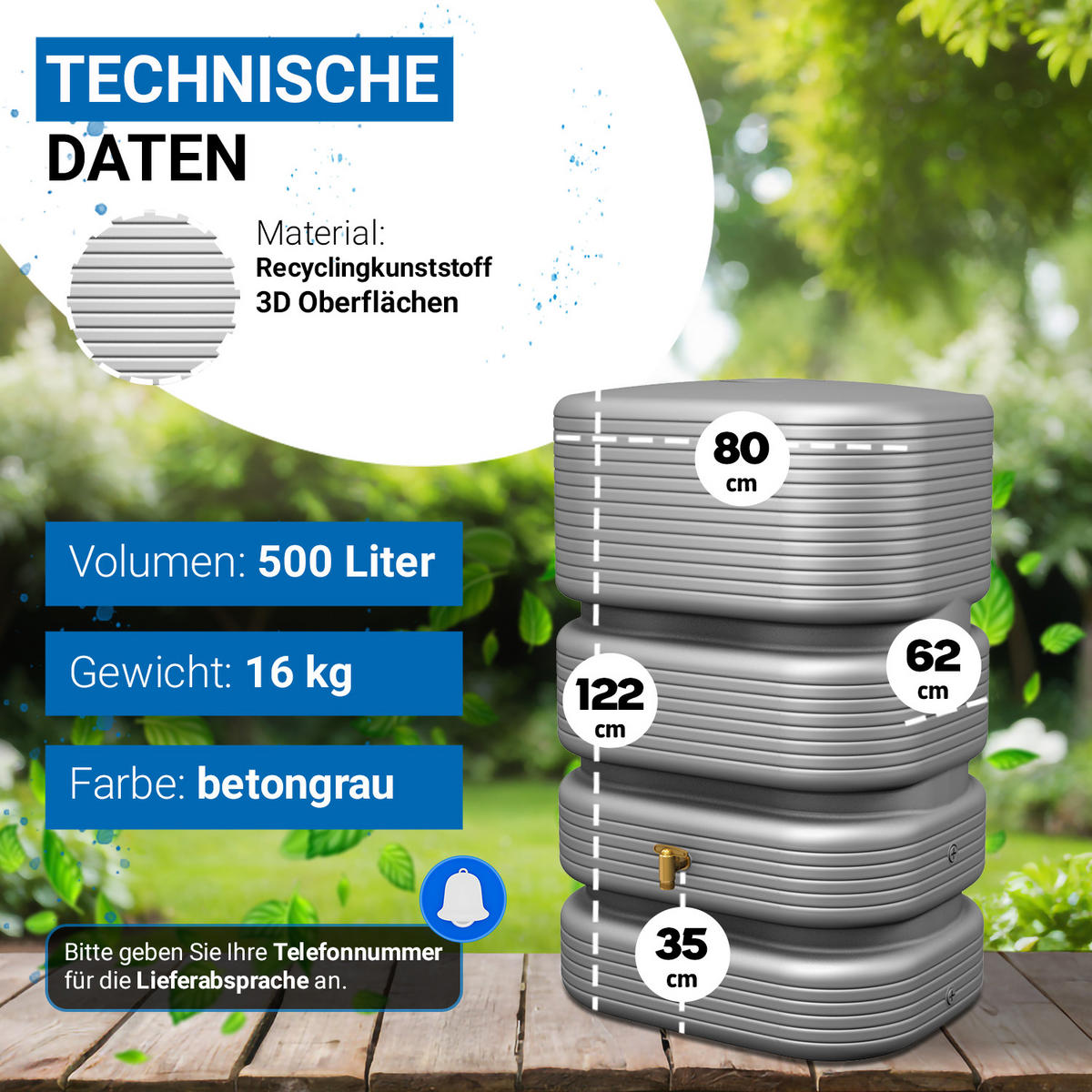 WANDTANK 500 L, betongrau - Grau, Kunststoff (62/122/80cm) - 4rain