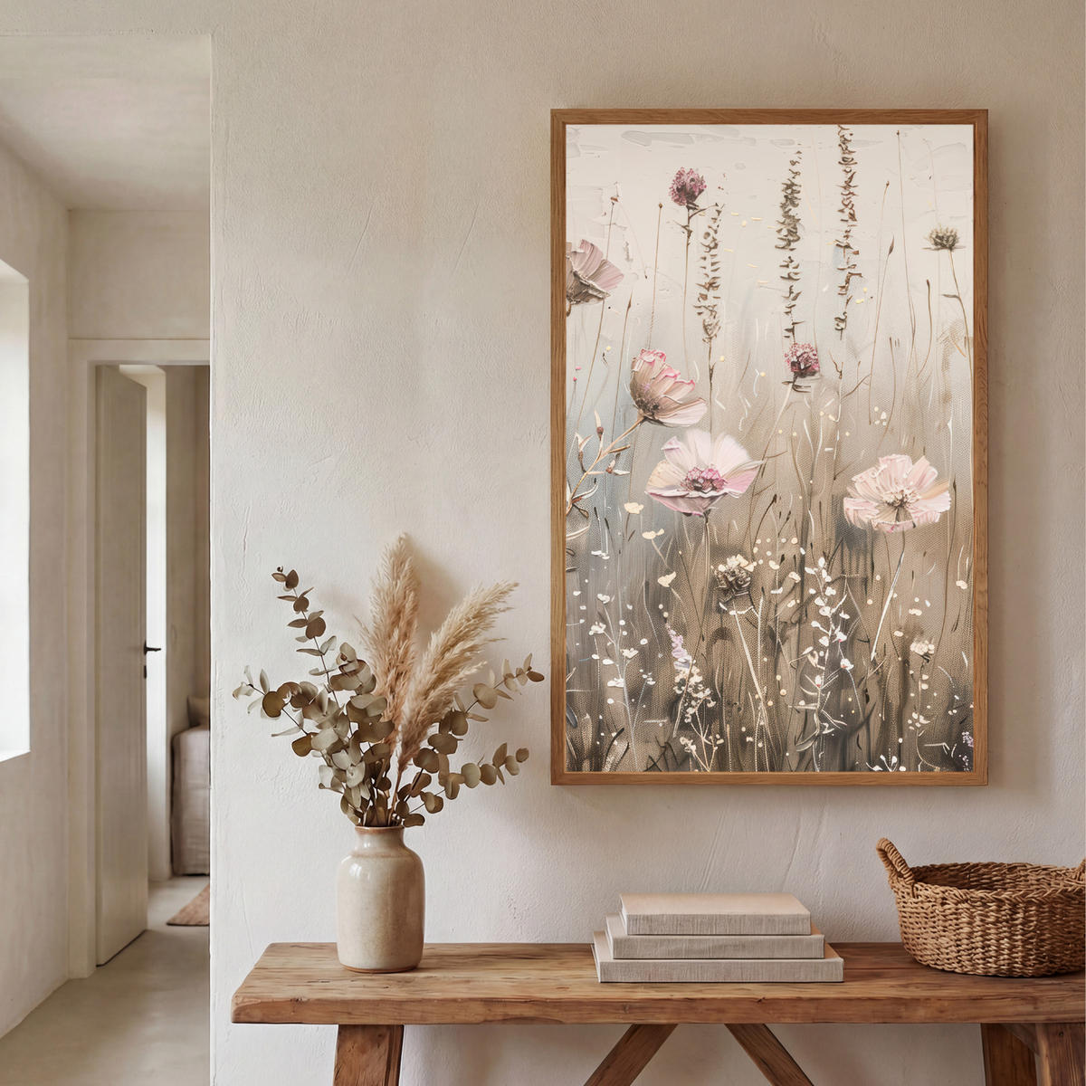 NÁSTĚNNÁ LAMPA S AKUMULÁTOREM Květiny - růžová - moderní - béžová 60x90 cm - starorůžová, kompozitní dřevo (60/90/8cm) - OnlyWow