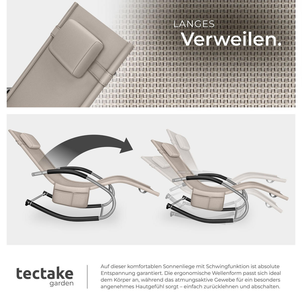 GARTENLIEGE Taya, abnehmbares Kopfpolster, seitliche Aufbewahrungstasche, beige - Beige, Kunststoff (62/92/142cm) - tectake