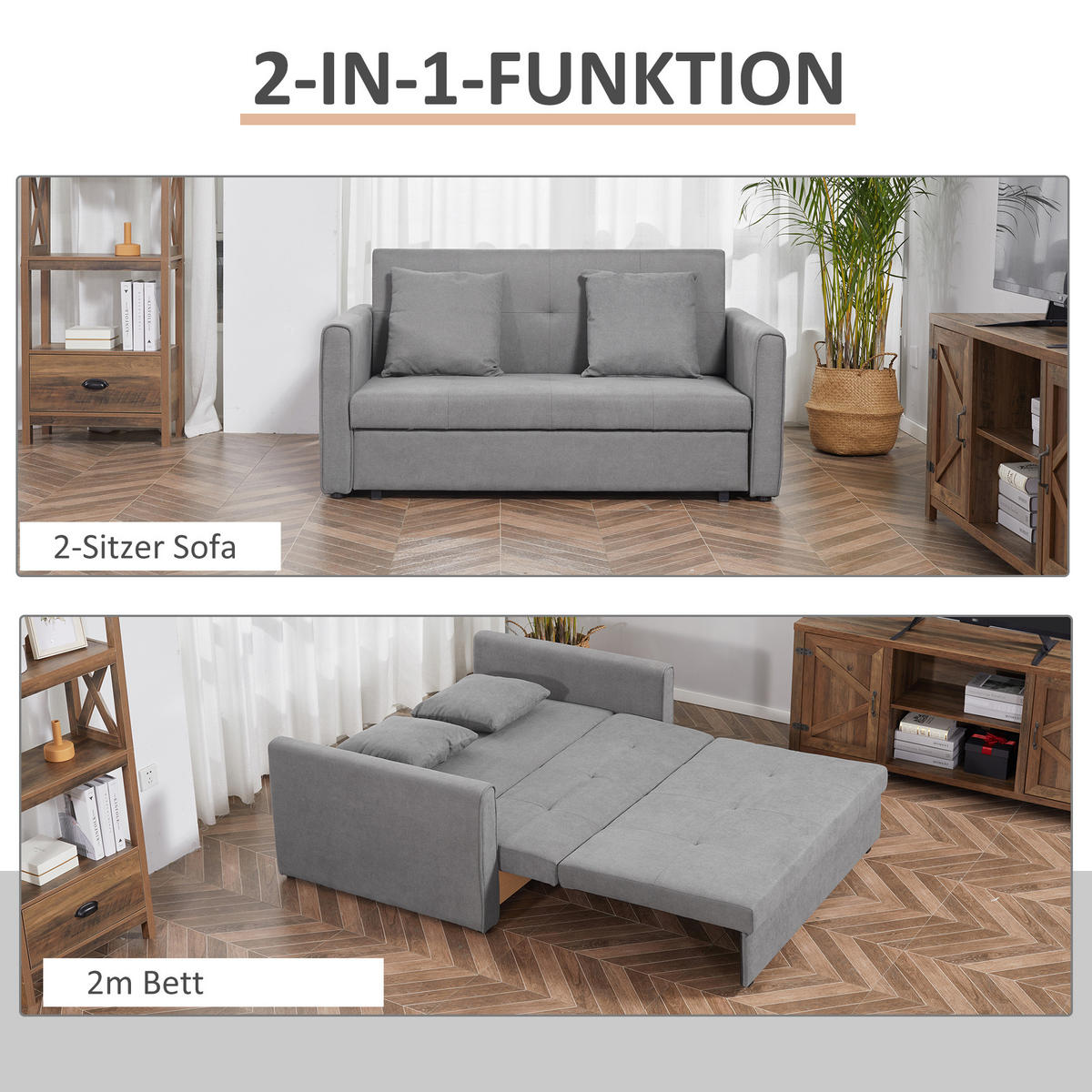SCHLAFSOFA 2-Sitzer Sofa mit Bettfunktion Polstersofa mit Stauraum, Rückenkissen - Grau, Holzwerkstoff/Kunststoff (101/81/152cm) - HOMCOM