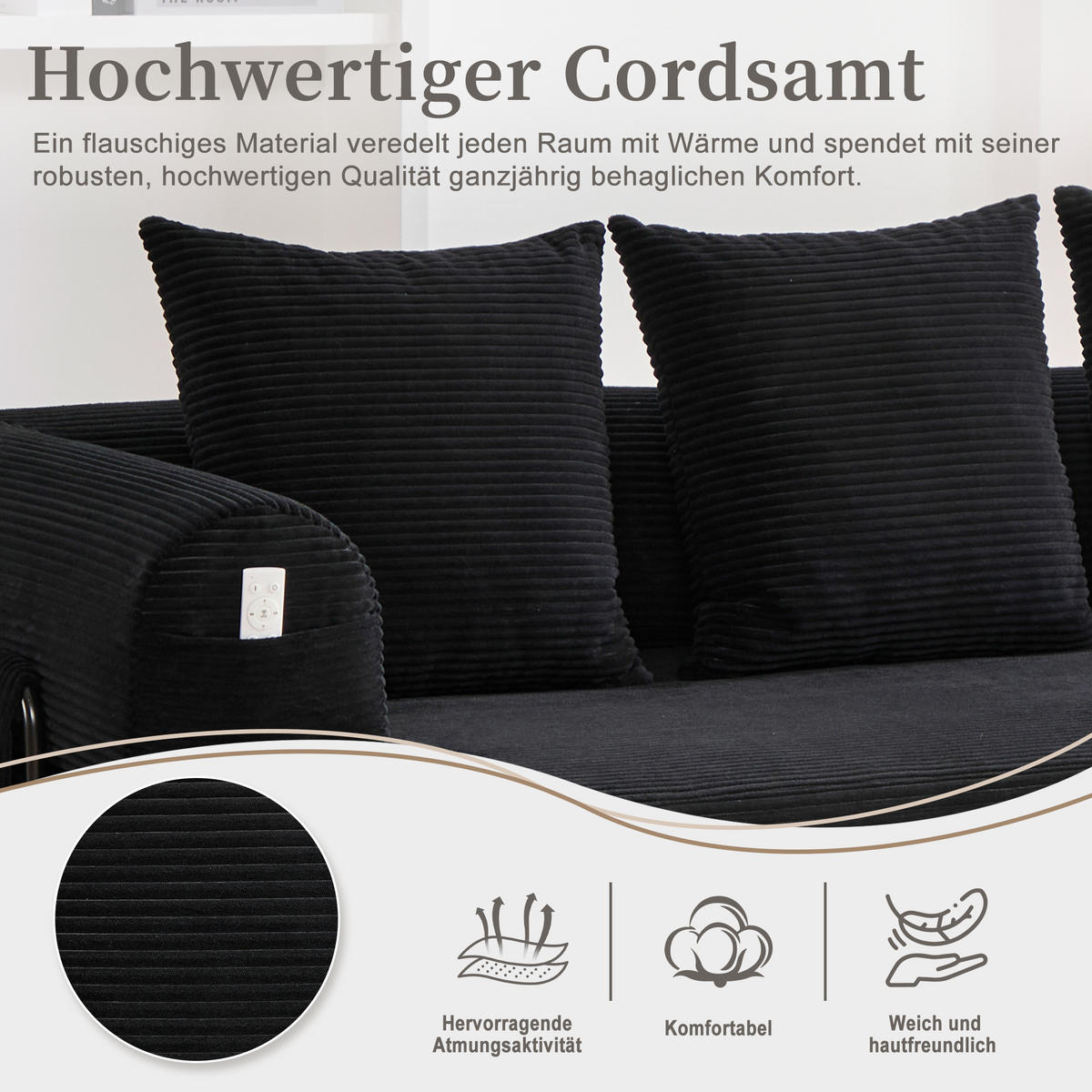 SCHLAFSOFA 200/94/67 cm Schwarz mit Seitentaschen plus und 3 Kissen - Schwarz, Textil (200/67/94cm) - Oxeza