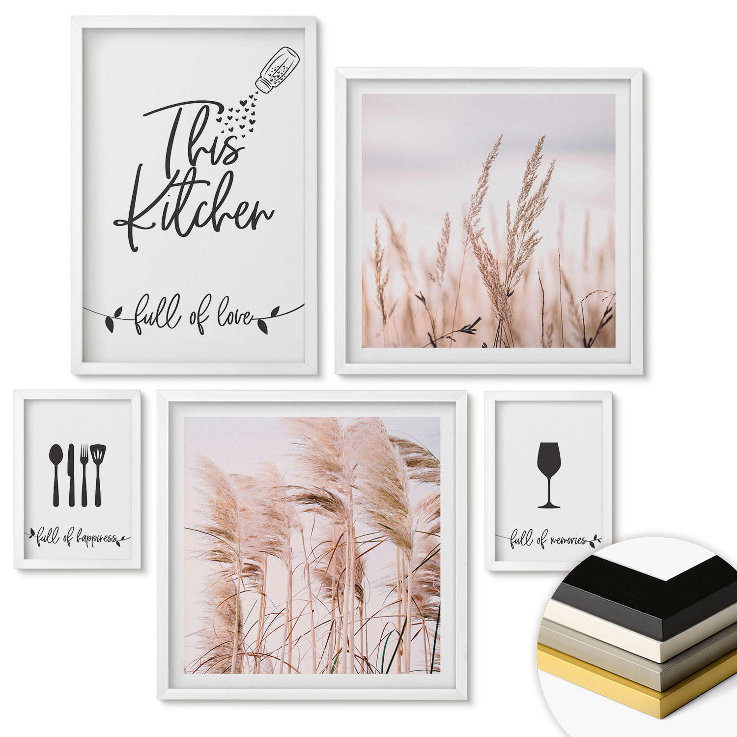 WANDBILDER 5er-Set - 50x50 cm & 20x30 cm & 40x60 cm Weißer Rahmen - Abstrakte Blattmalerei - Weiß, Kunststoff (40/60cm) - ArtPrintCave