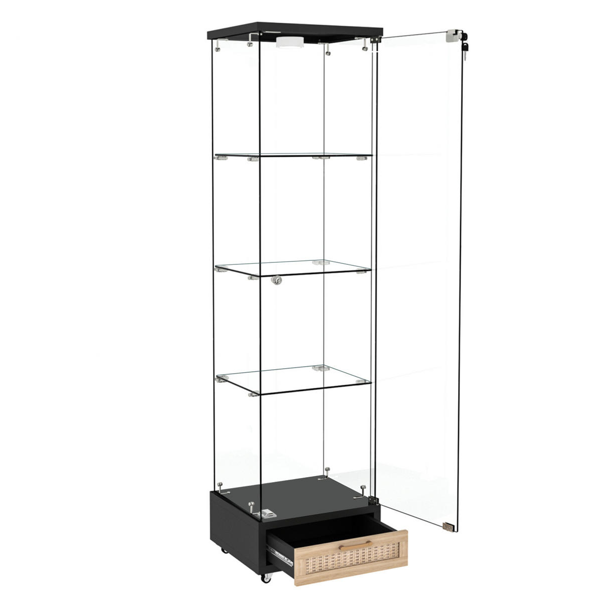 VITRINE 36,5/42,5/167 cm schwarz aus MDF und Glas mit LED und Rollen - Schwarz, Holzwerkstoff (42.5/167/36.5cm) - OKWISH