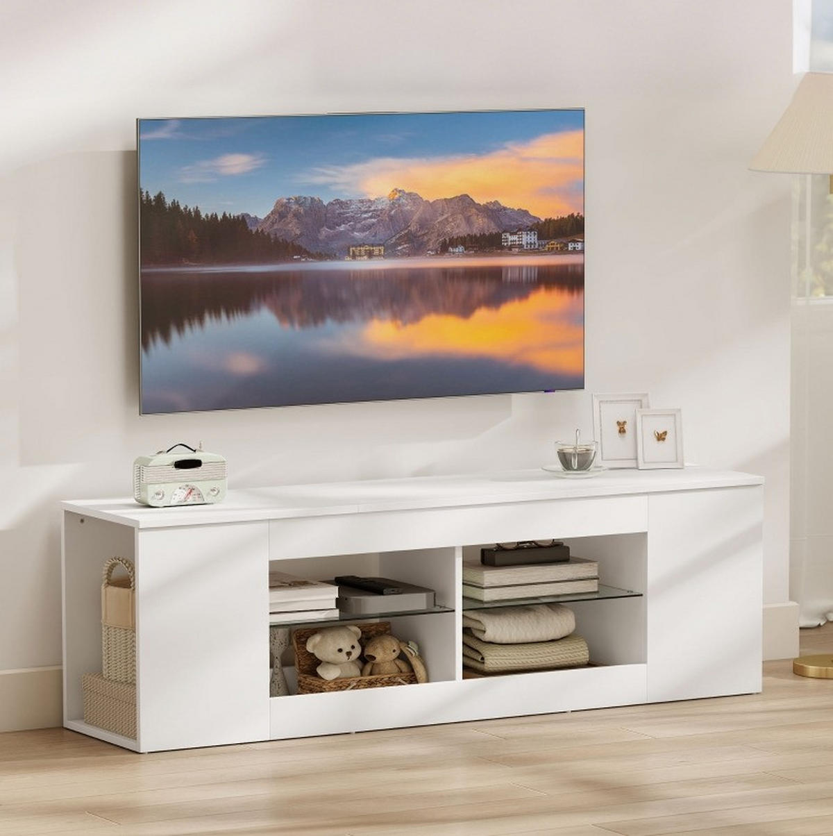 LOWBOARD 140/42.5 cm Weiß aus Glas und Spanplatte mit 6 Fächern - Weiß, Glas (35/42.5/140cm) - OKMYHOME