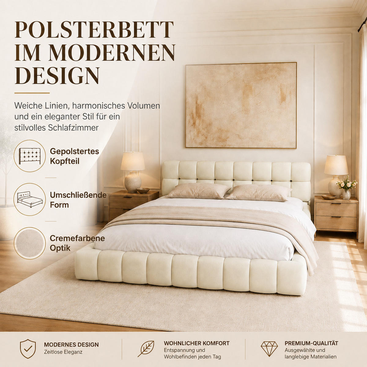POLSTERBETT 140/190 cm in Beige, Puff Stoffbett mit gepolsterter Rahmen, modernes Schlafzimmer Bettgestell - Beige, Holz/Metall (140/190cm) - Joyfair