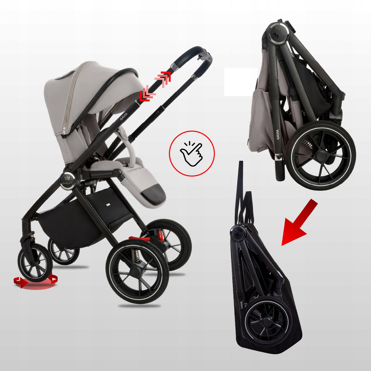 KINDERWAGEN Gavia 3in1 Grau Babywanne, Buggy Sportsitz, Babyschale I-Size - Schwarz/Grau, Textil/Metall (58/99cm) - BabyLux