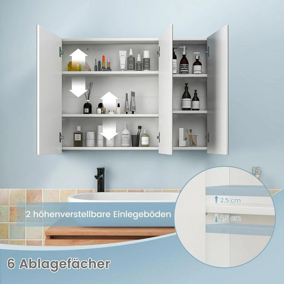 BADEZIMMER-SPIEGELSCHRANK mit verstellbaren Ablagen weiß - Weiß, Holzwerkstoff (90/65/11cm) - COSTWAY