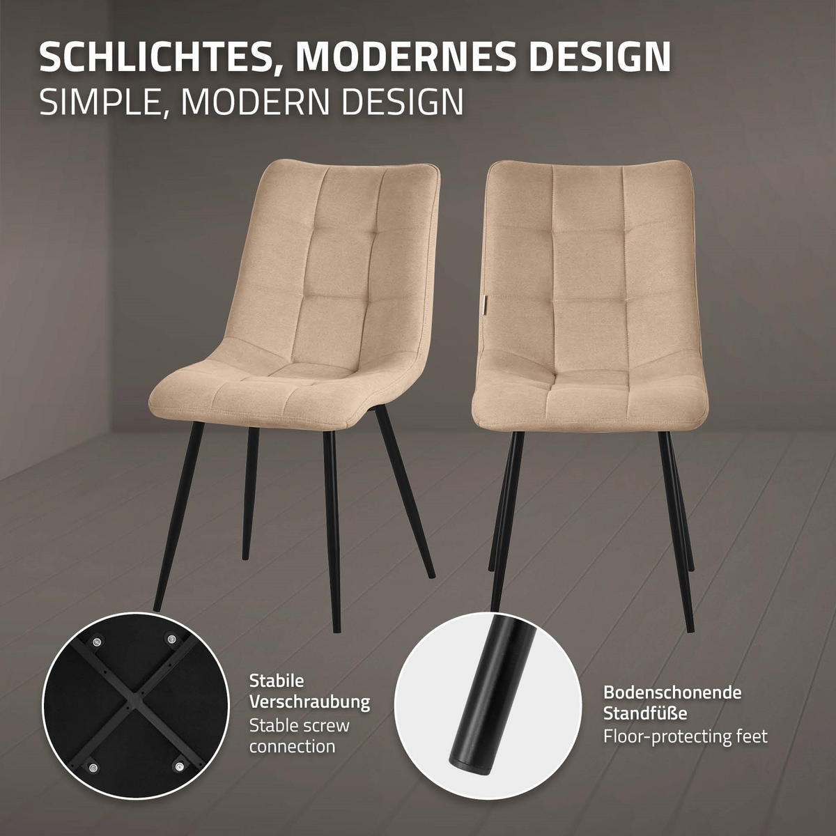 ESSZIMMERSTÜHLE 6ER-SET Hellbraun Stoffbezug - Hellbraun/Schwarz, Textil/Metall (49/89/60.5cm) - ML-DESIGN