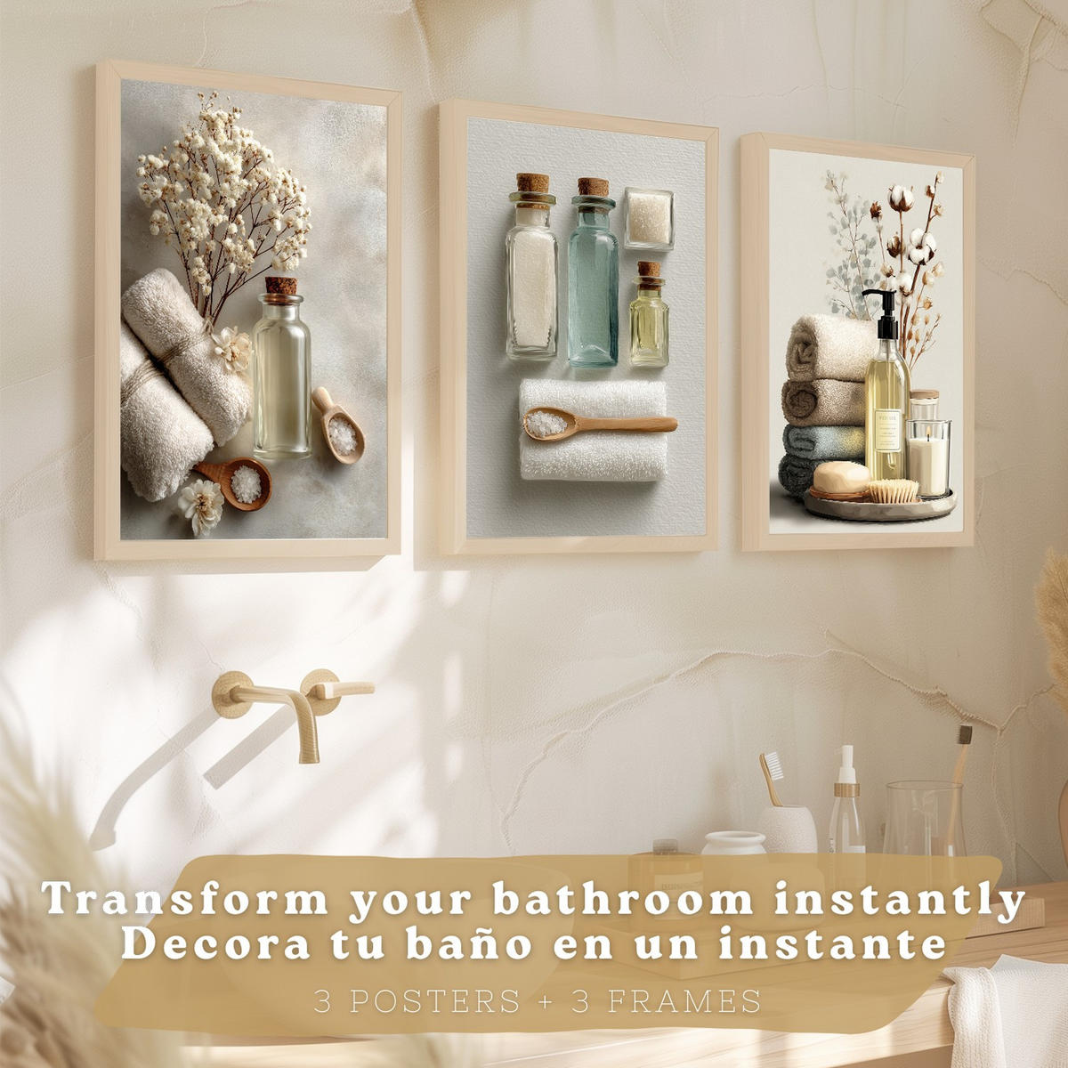 POSTER 3er-Set dekorative Badezimmer-Wandbilder und für Waschbecken, Dusche, WC mit Flaschen, Badesalz und Handtüchern, Leichter Holzrahmen A4 - Beige, Papier (29.7/21/3cm) - Nacnic