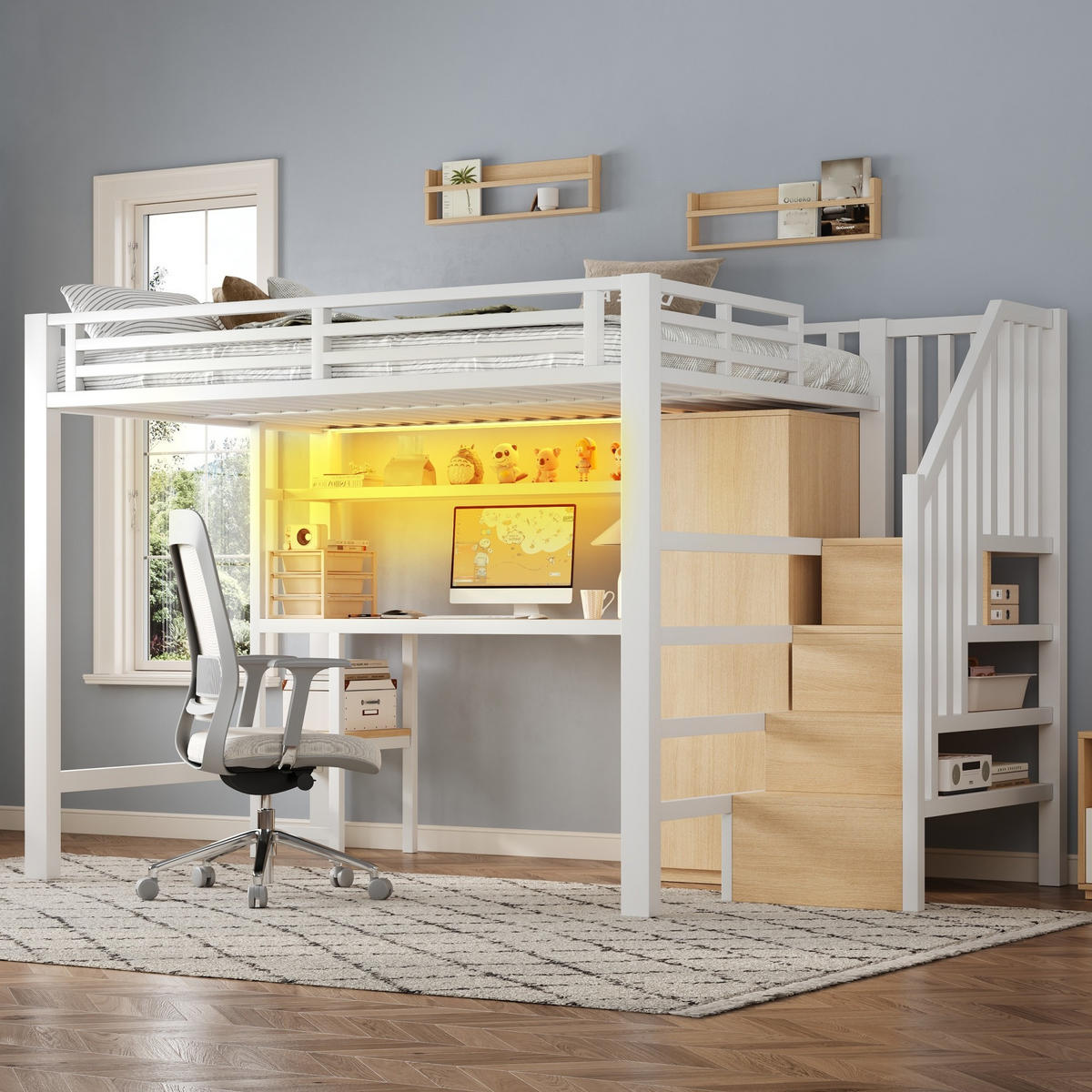 HOCHBETT 140/200 cm mit Schreibtisch, Regal, Kleiderschrank und LED - Weiß, Metall (140/200cm) - MIVRAY