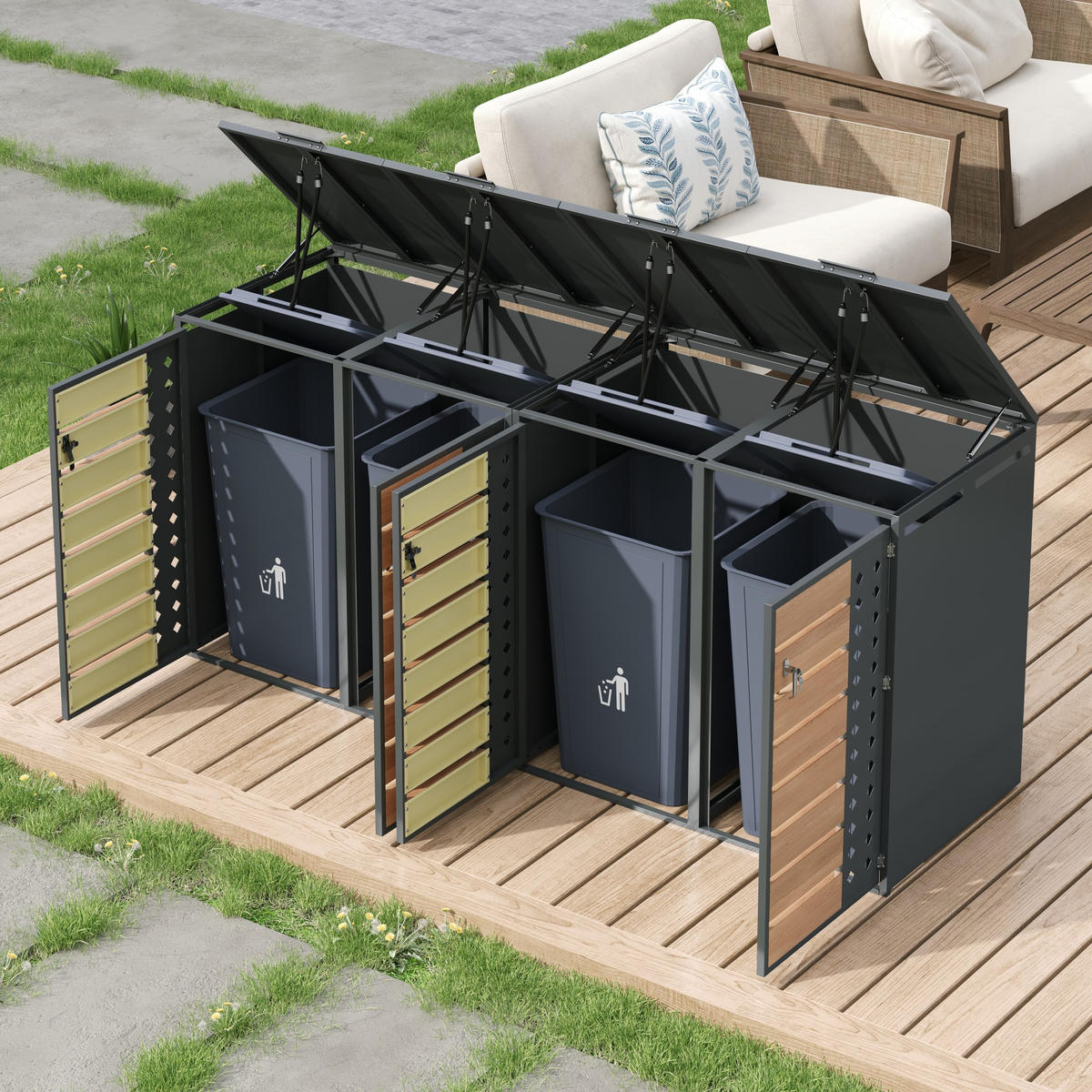 MÜLLTONNENBOX Vier Türen Holzmaserung/Grau - Braun, Metall (132/108/80cm) - ComfortXL