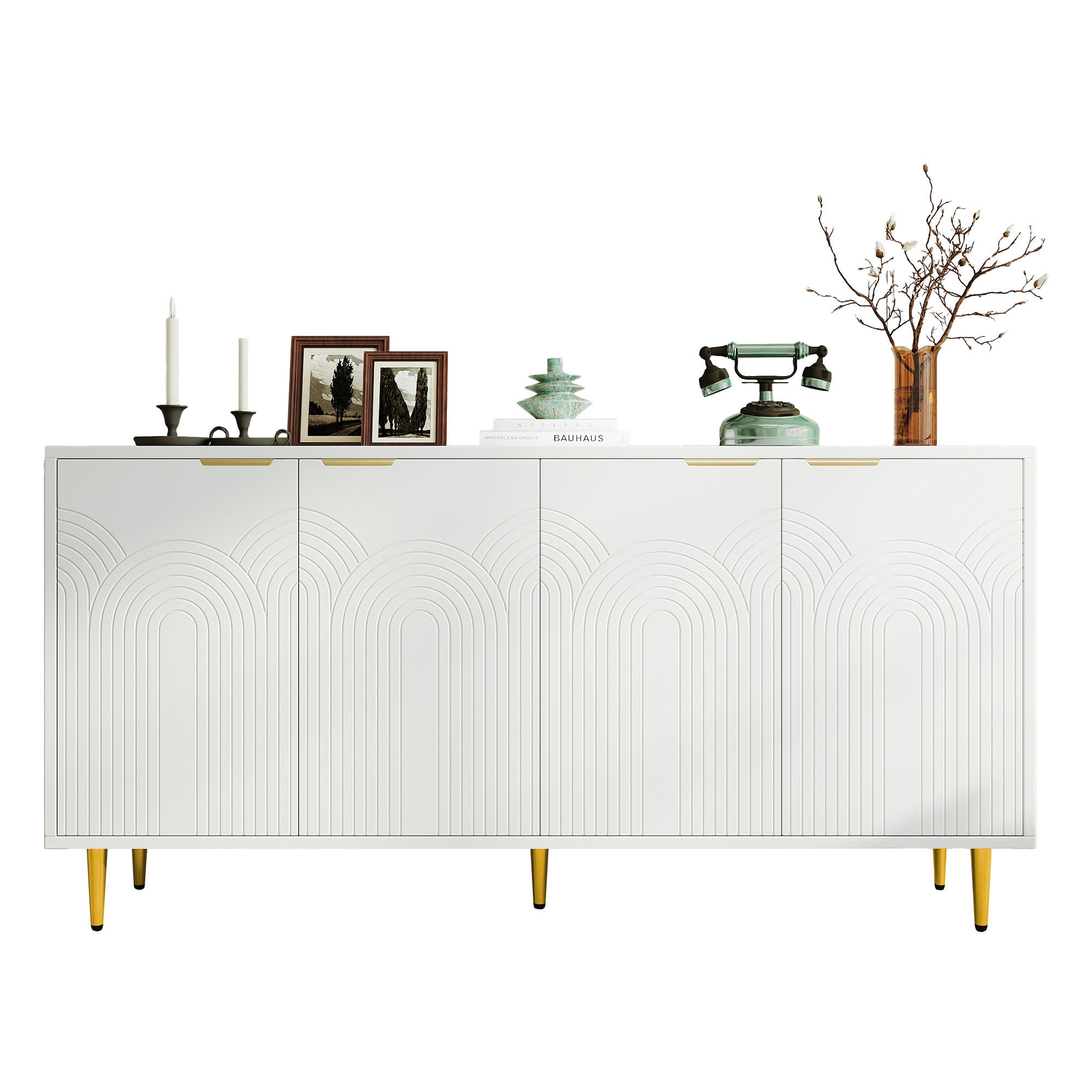 SIDEBOARD 160/40/80 cm mit 4 Türen in Weiß mit goldfarbenen Griffen - Weiß, Holzwerkstoff (160/80/40cm) - BEAOK