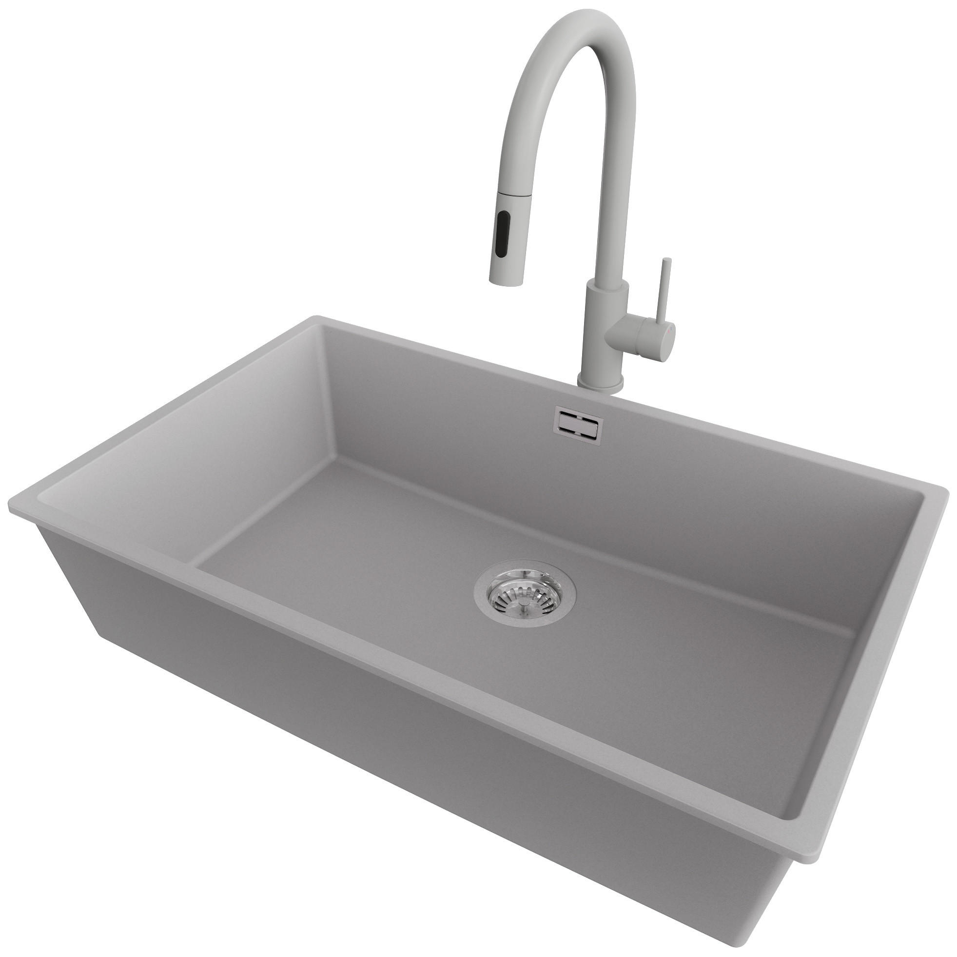 UNTERBAUSPÜLE GRANIT London, 3-er set Grau 76/47 cm, 1 Becken + Küchenarmatur 40/20 cm + Ablauf-Set ab 80er Unterschrank - Chromfarben/Grau, Kunststoff (76/20/47cm) - Primagran