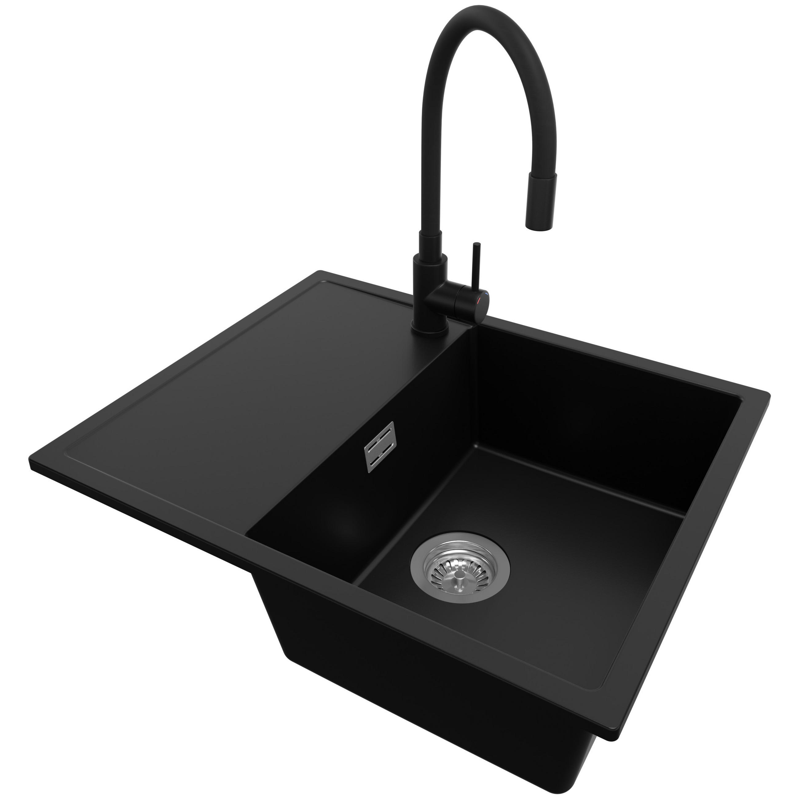 GRANITSPÜLE Ibiza, 2-er set Schwarz 62/50 cm 1 Becken + Küchenarmatur 40/38 cm + Ablauf-Set ab 45er Unterschrank - Chromfarben/Schwarz, Kunststoff (62/19/50cm) - Primagran