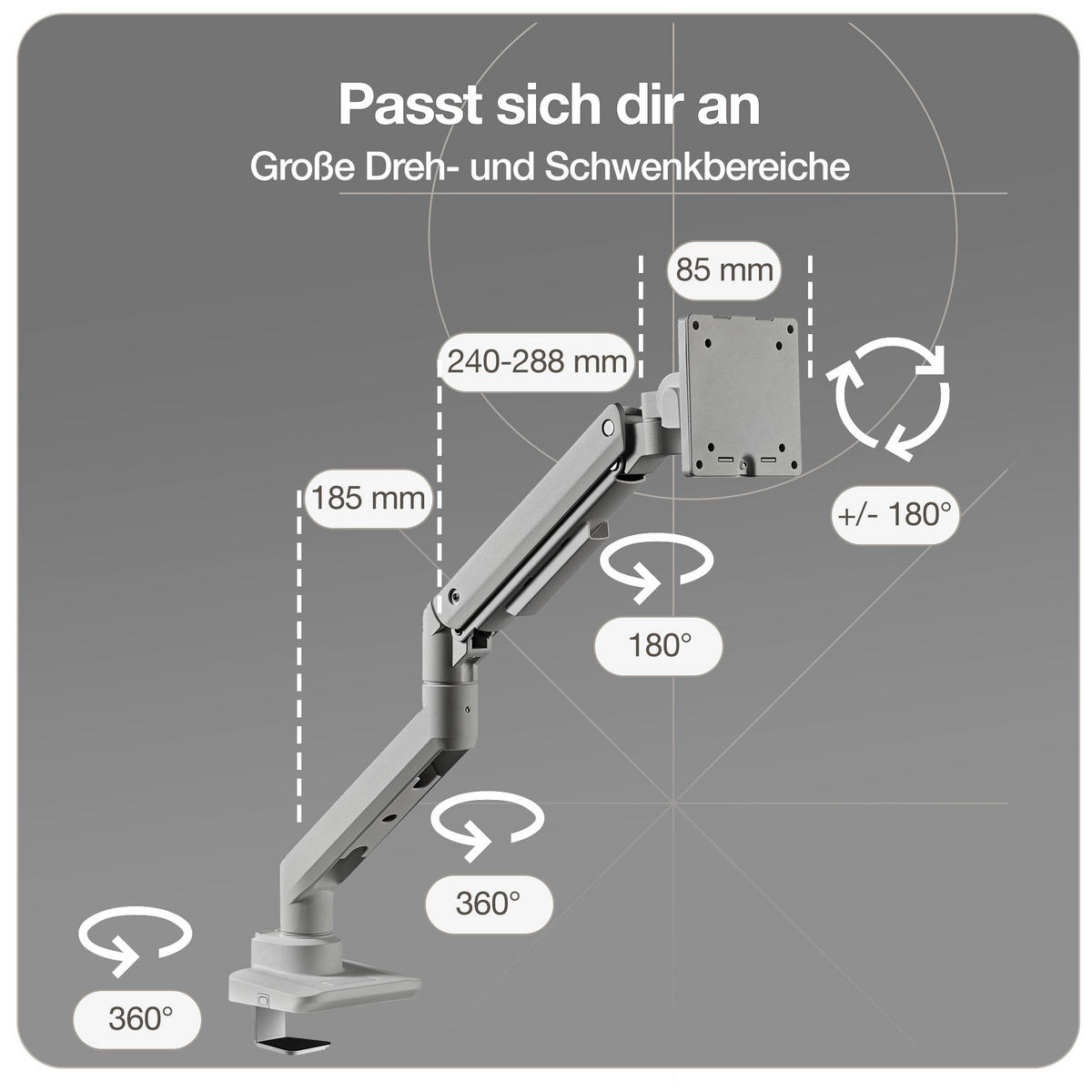MONITORARM in weißaluminium mit Gasfeder für 17–49 Zoll Monitore bis 20kg / Weißaluminium - Silberfarben, Metall (22/43/13cm) - ASSMANN