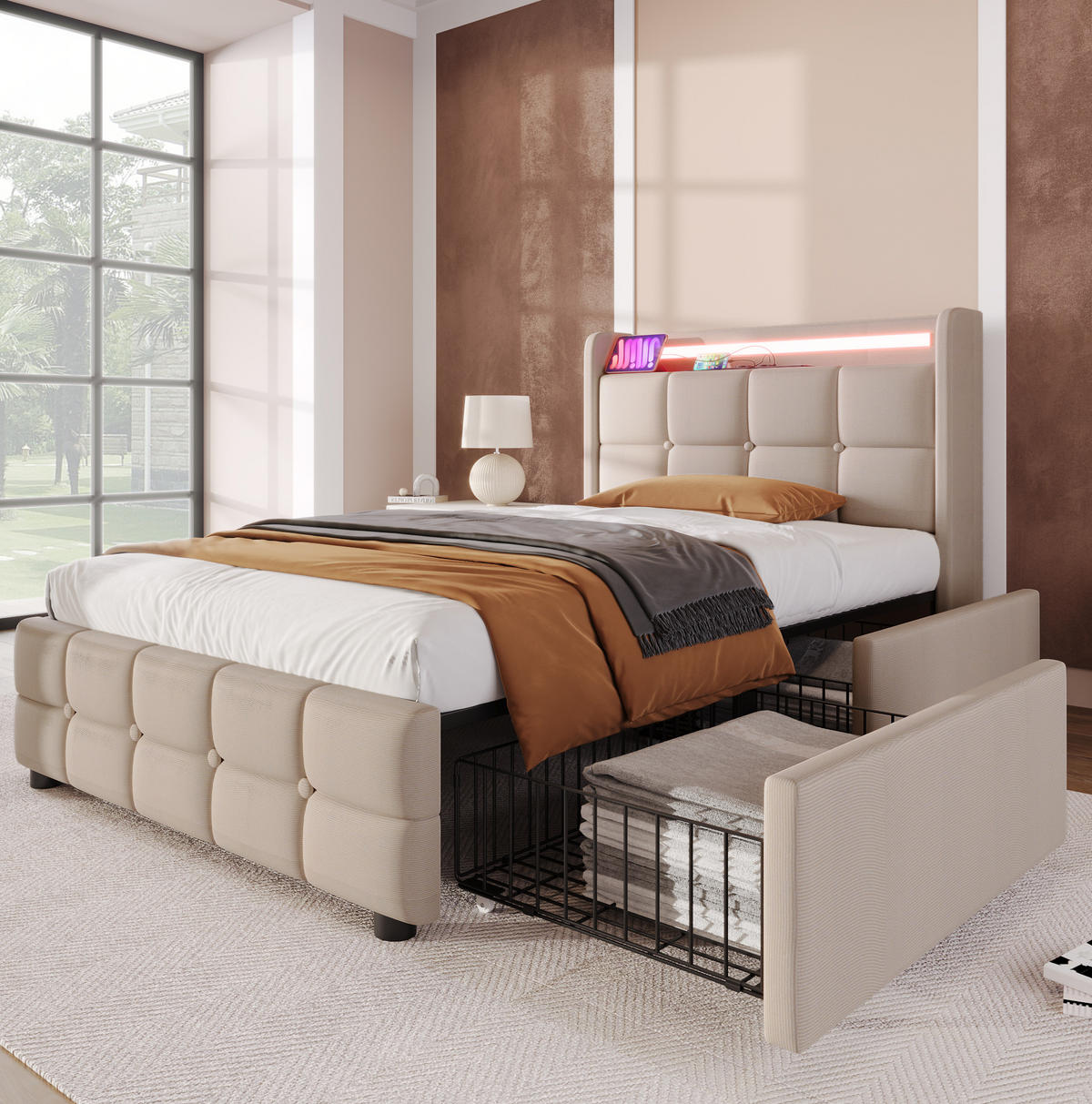 POLSTERBETT mit LED-Beleuchtung 90/200 cm mit USB, Schubladen & Kopfteil - Beige, Holz (90/200cm) - BEAOK