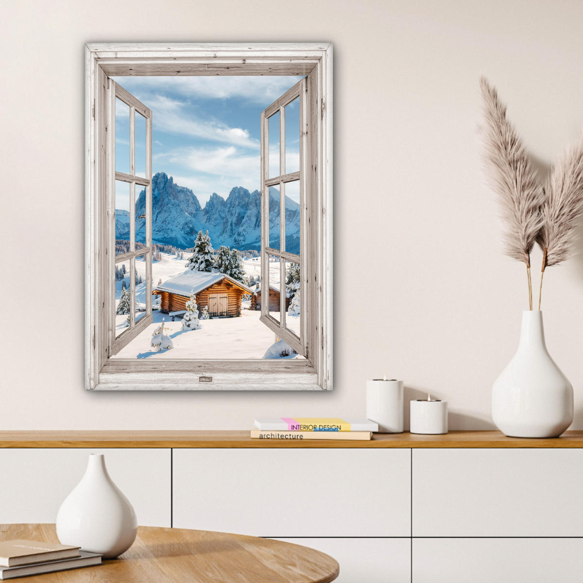 LEINWANDBILD Winterlandschaft - Hütte - Berge - Ausblicke - Aussicht - Natur 60x80 cm - Weiß Hochglanz, Textil (60/80cm) - MuchoWow