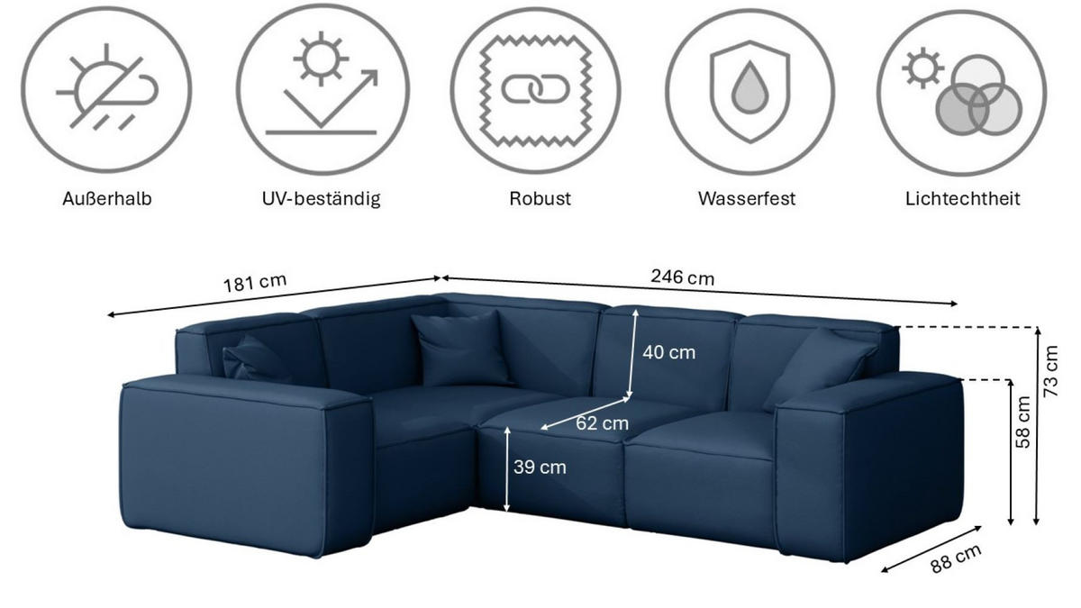 GARTENECKSOFA L-form MALIBU Stoff Odyssey Marineblau Links - Blau, Holz (181/73/246cm) - Kaiser Möbel