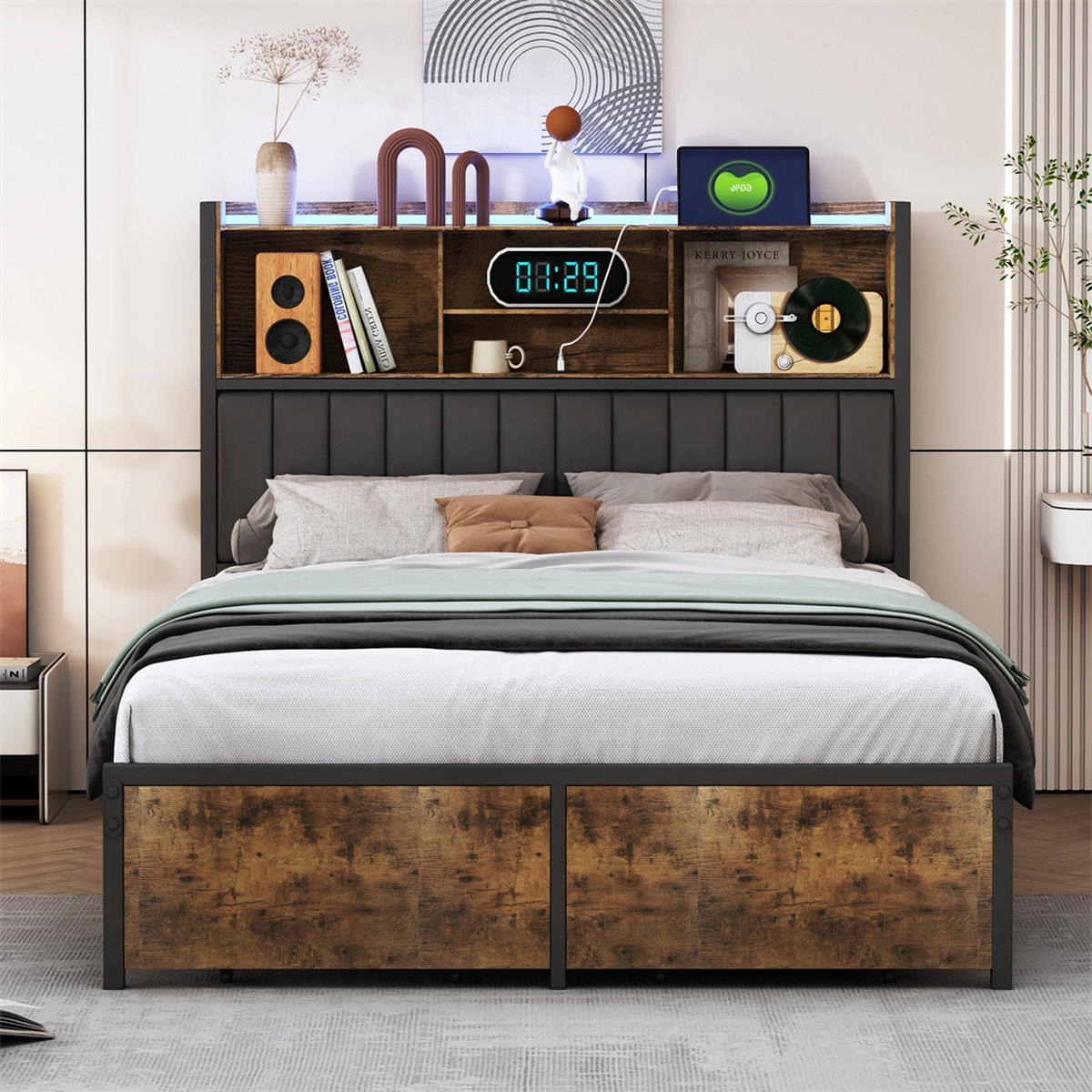 METALLBETT 140 x 200 cm mit 2 Schubladen - Kopfteil-Ablage mit LED-Beleuchtung und USB-Anschlüsse - Braun-Schwarz - Braun, Metall (140/200cm) - DELFA