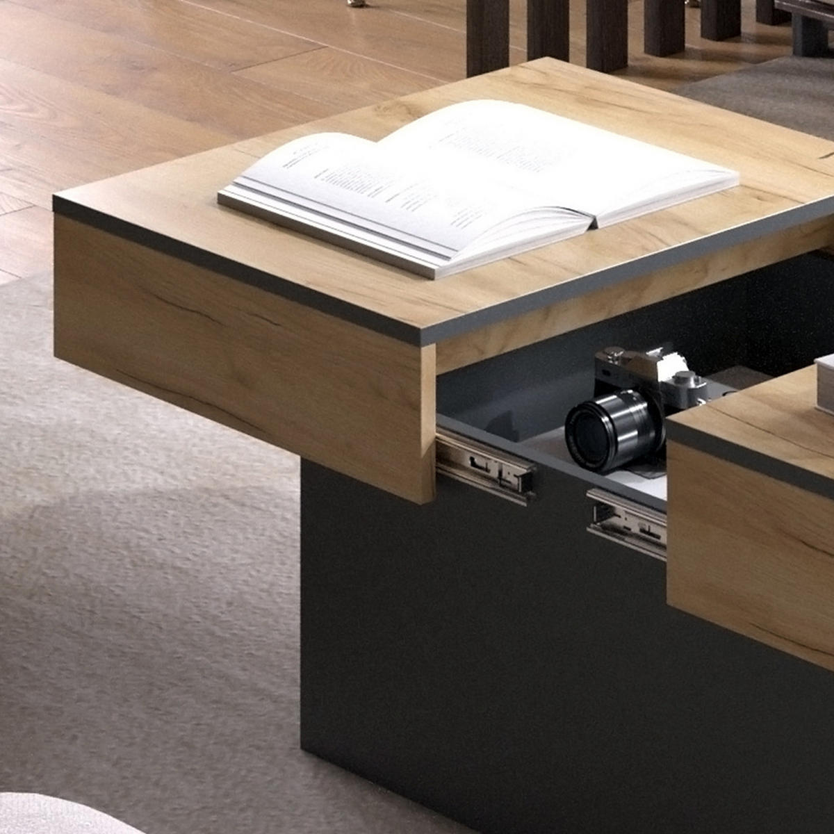 COUCHTISCH Boto Anthrazit/Goldkraft Eiche 95 x 58 cm Ausziehbar - Anthrazit/Eiche Wotan, Holzwerkstoff (58/95/40cm) - Vicco