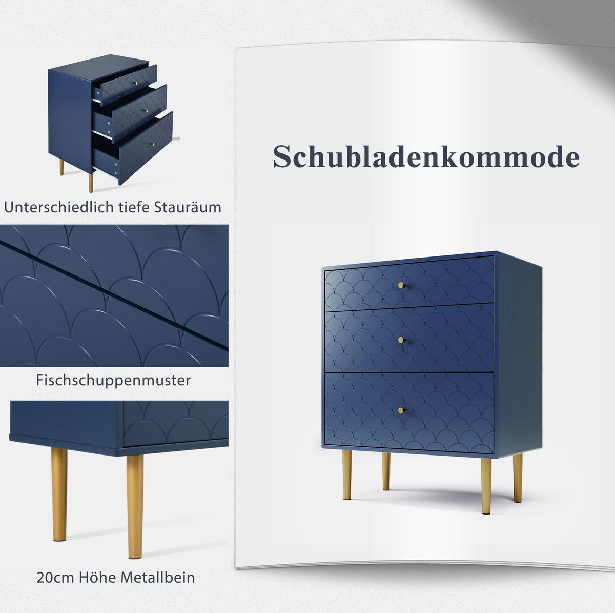 KOMMODE aus Holz und Metall 75x40x89 cm Marineblau mit 3 Schubladen und Fischschuppenmuster - Dunkelblau, Holzwerkstoff (75/89/40cm) - Modfu