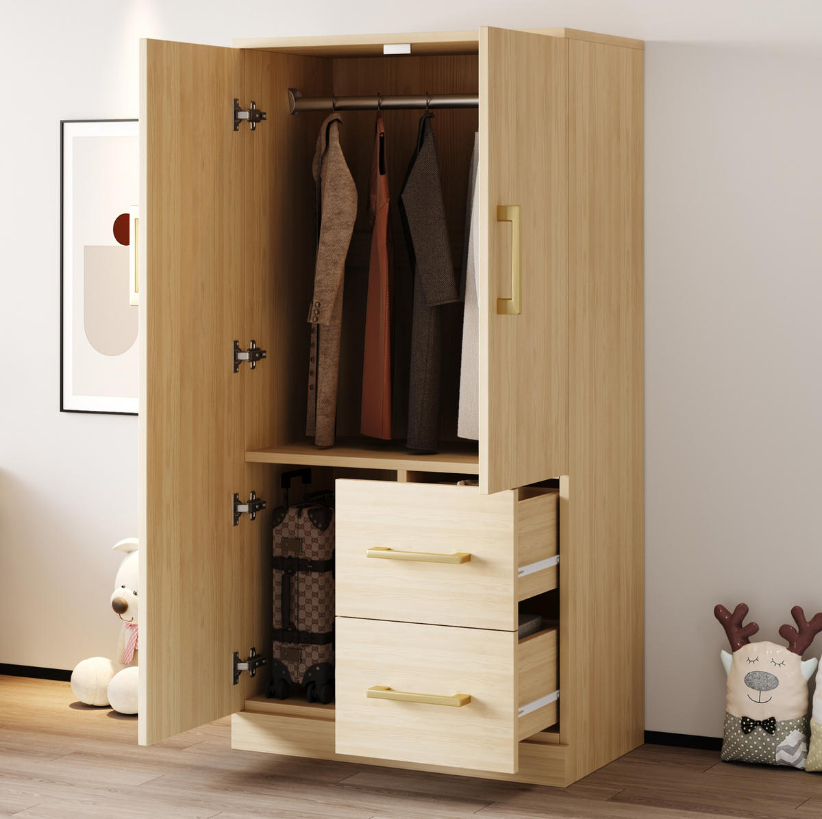 KLEIDERSCHRANK 70/40/135 cm mit 2 Drehtüren und 2 Schubladen in Holzfarbe - Naturfarben, Holz (70/135/40cm) - BEAOK