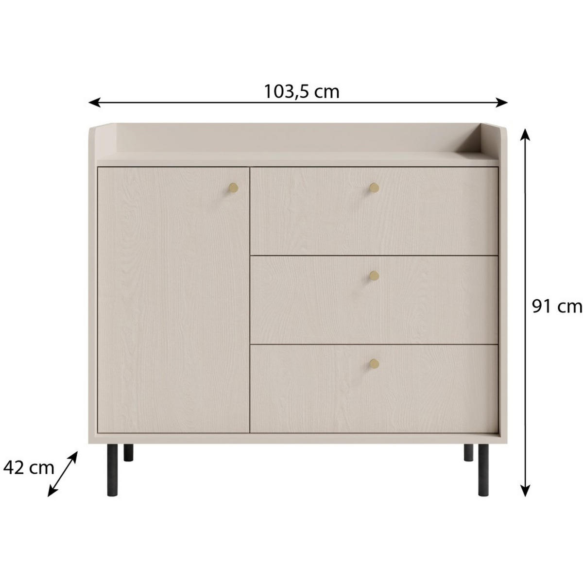 KOMMODE Gloria mit 3 Schubalden und 1 Tür - Beige/Schwarz, Holzwerkstoff/Metall (103/91/42cm) - Beautysofa