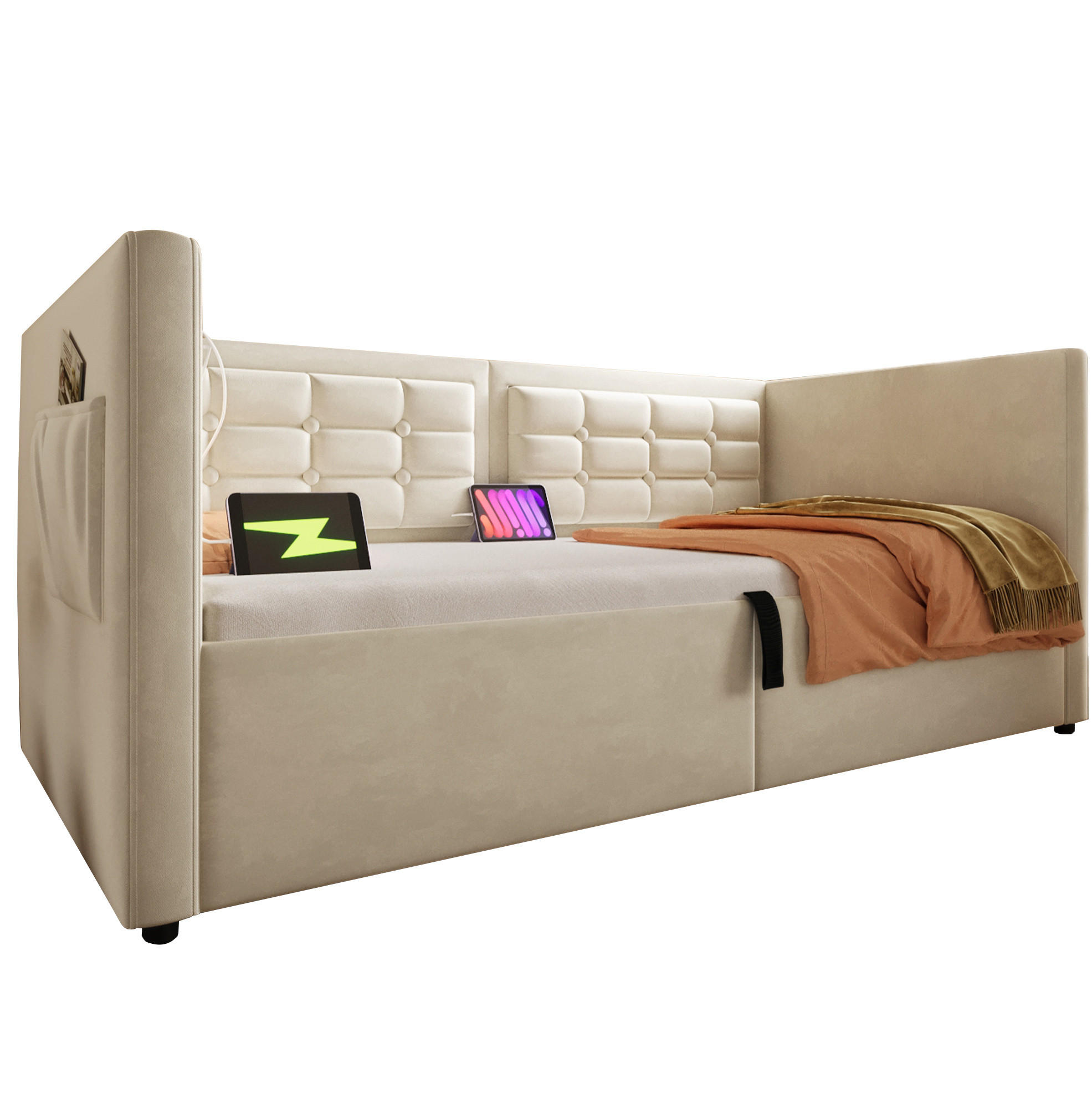 BETT 90/200 cm Beige mit hydraulischem Stauraum und USB- und Type-C-Anschlüssen - Beige, Textil (90/200cm) - OKWISH
