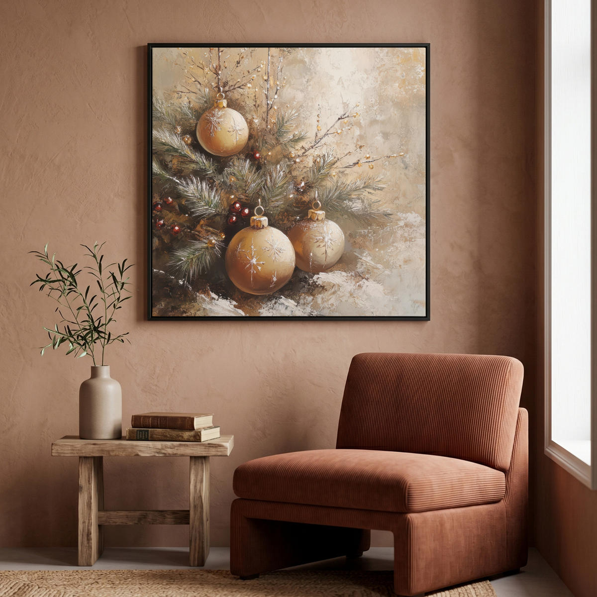 LEINWAND Bilder mit Rahmen - Weihnachten - Kugeln - Beige - Gold - 90x90 - Goldfarben, Textil (90/90cm) - MuchoWow