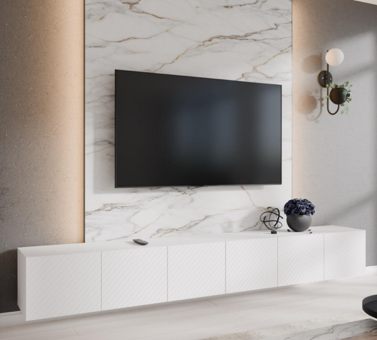 TV-SCHRANK Weiß NIKOL Gefräste Fronten Geschlossen 300 cm - Weiß, Holzwerkstoff (300/41/40cm) - Sepro Meble