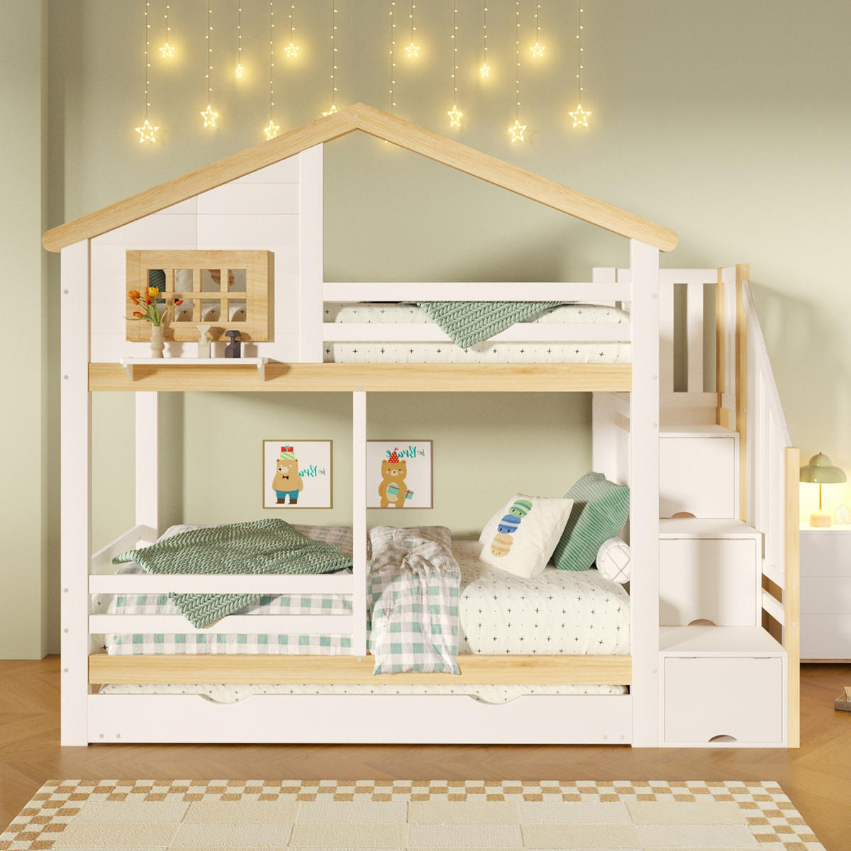 ETAGENBETT 90/200 mit Ausziehbett und Stauraumleiter in Weiß und Natur - Weiß/Naturfarben, Holz/Holzwerkstoff (90/200cm) - EVRYAE