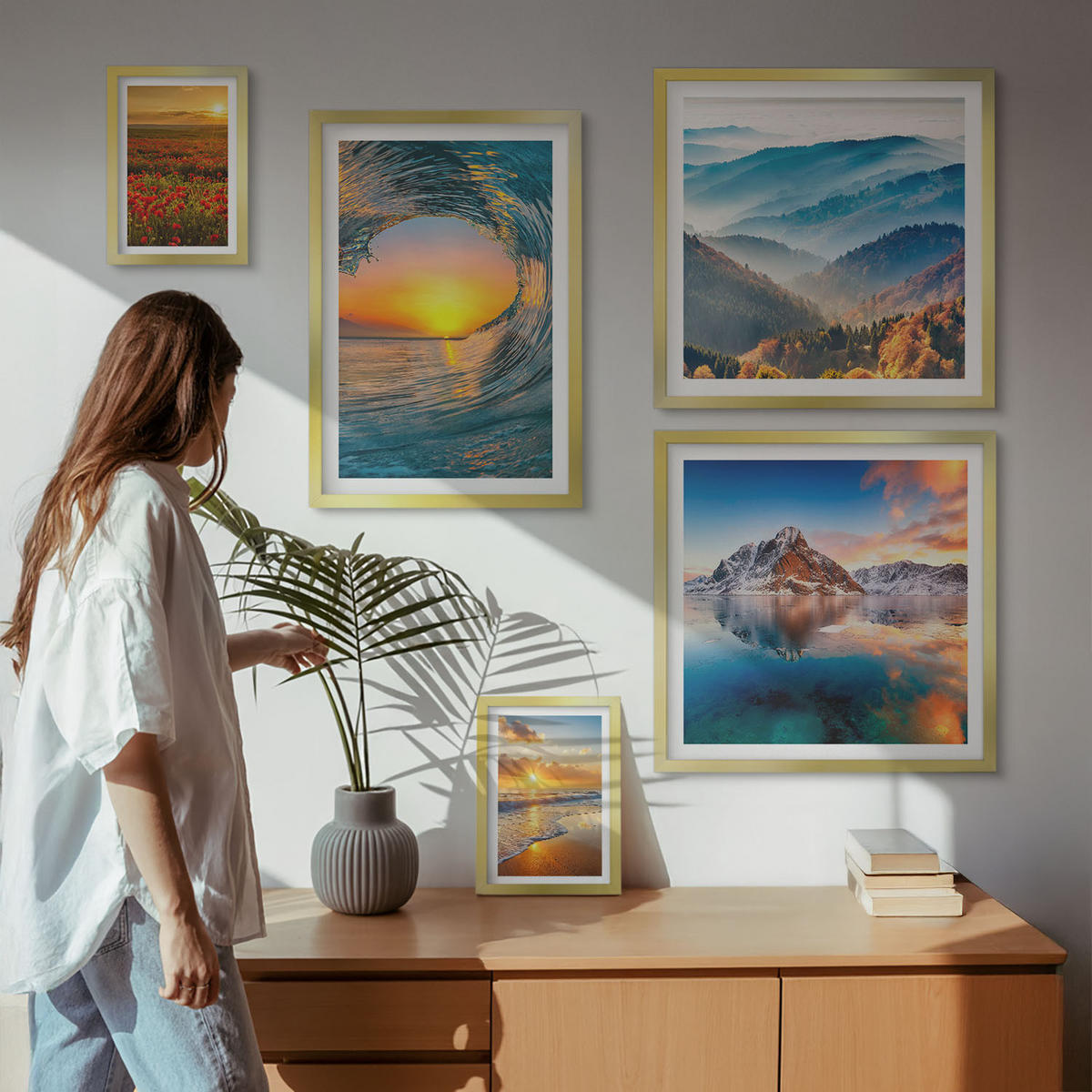 BILDER SET 5er Set - 50x50 cm & 20x30 cm & 40x60 cm Goldrahmen - Landschaften aus Bergen und Meeren im Westen - Goldfarben, Kunststoff (40/60cm) - TULUP