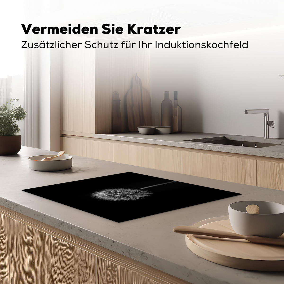 HERDABDECKPLATTE Löwenzahn - Schwarz - Floral - Botanisch 65x52 cm - Grau, Kunststoff (65/52/0.2cm) - MuchoWow