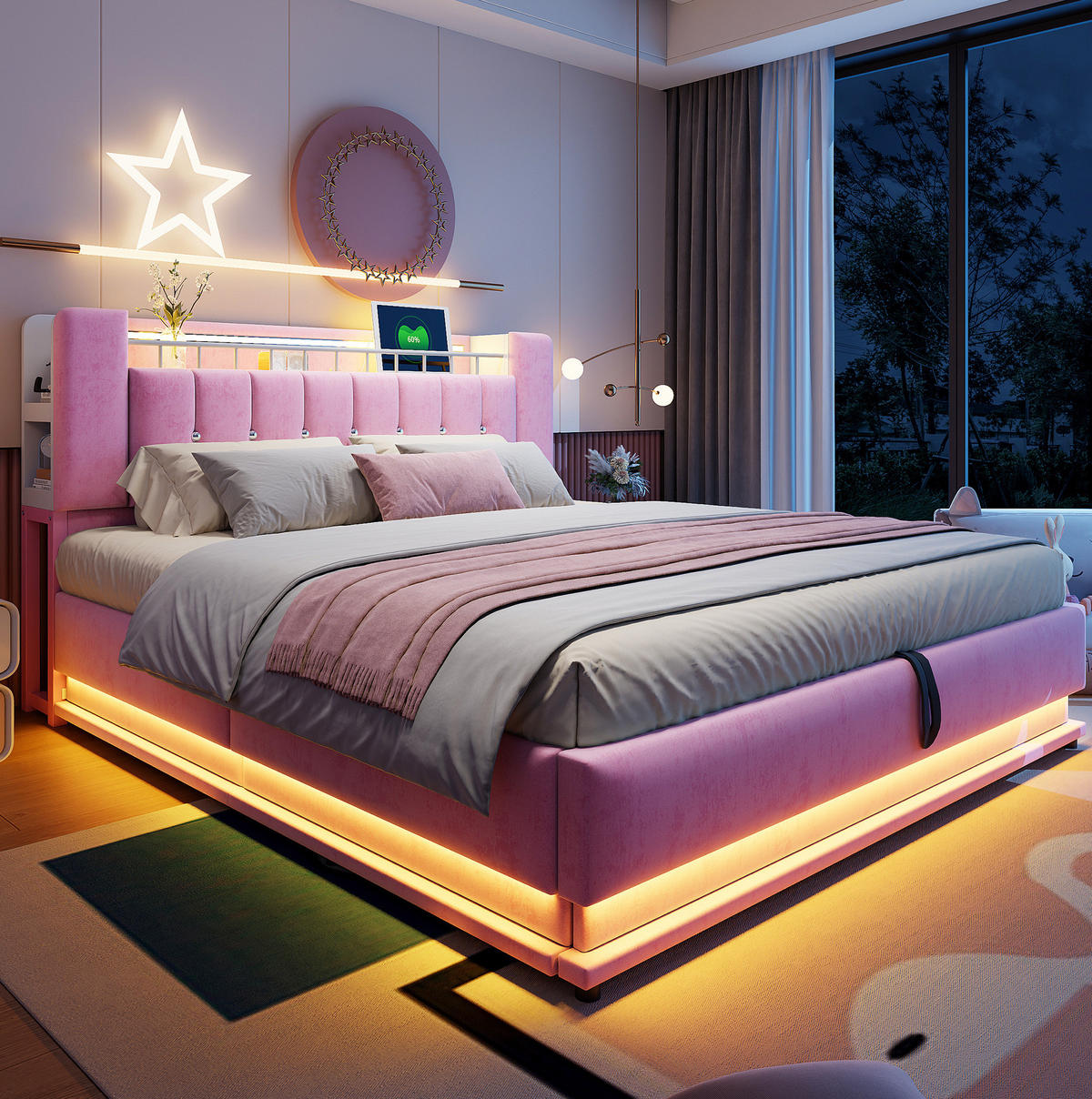 POLSTERBETT mit LED und Stauraum 180x200 cm Samt Rosa - Pink, Metall (180/200cm) - Meubliv