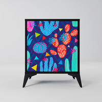 SIDEBOARD CACTUS VIBES, Schwarz, 57,5x42x70,5 cm, Schwarze Metall-Sternfüße - Multicolor/Schwarz, Holzwerkstoff/Metall (57.5/70.5/42cm) - SpaceRebels