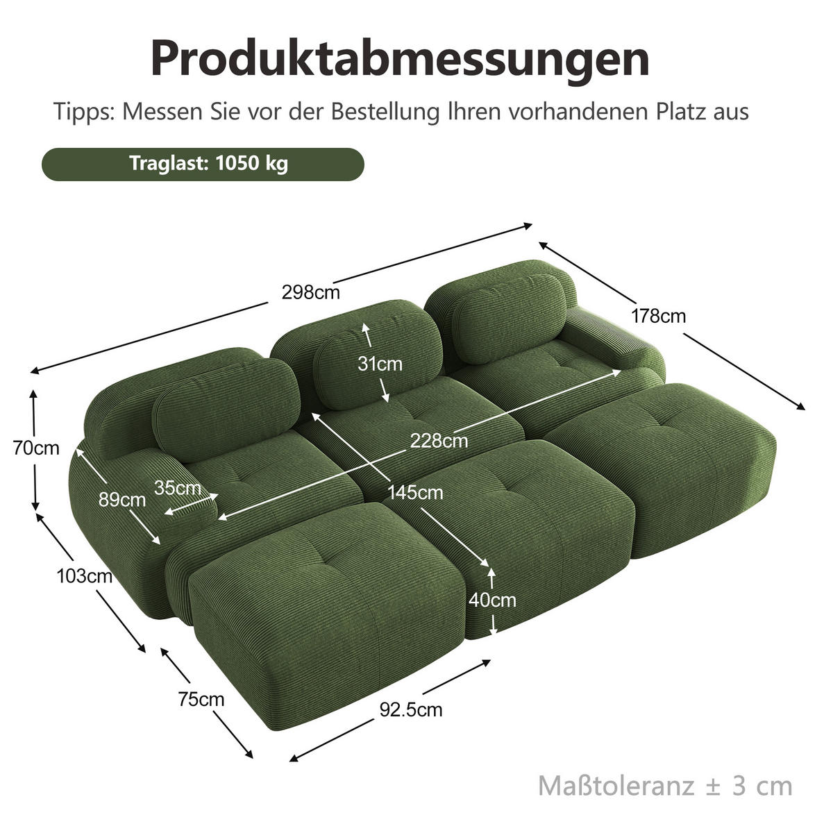 3-SITZER-SOFA DE-34025 modular mit 3 Hockern Grün - Grün, Textil (178/75/298cm) - ComfortXL