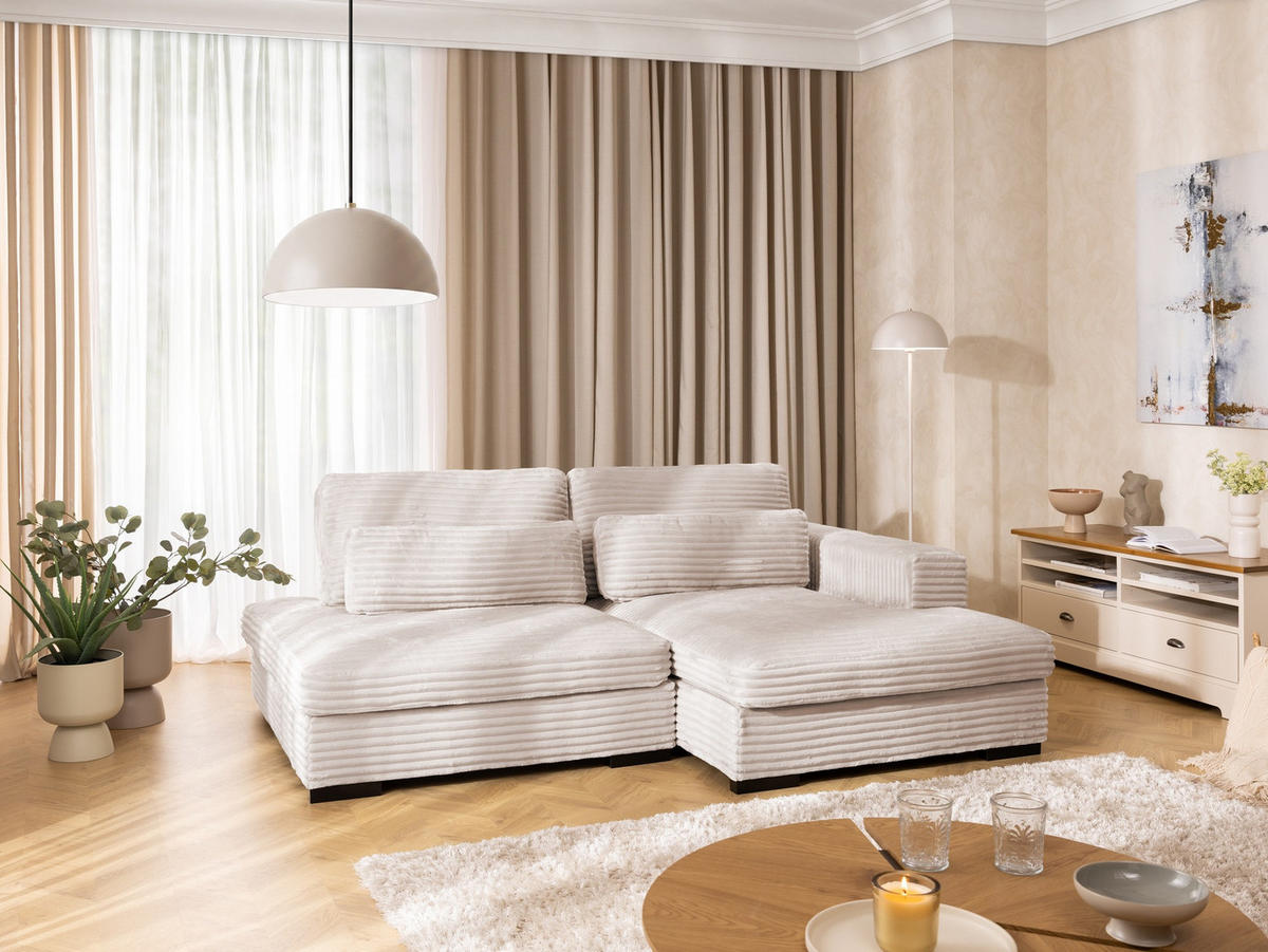 ECKSOFA Wolke mit tiefer Sitzfläche, Schlaffunktion und praktischem Bettkasten aus weichem Hellbeige Cordstoff - Beige/Schwarz, Holz/Kunststoff (225/162cm) - S-Style
