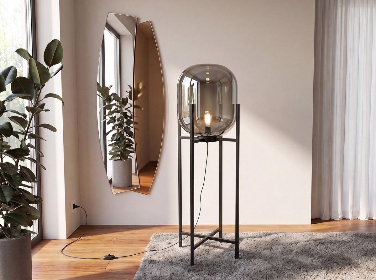 STELEUCHTE aus grauem Rauchglas mit Spiegeleffekt und schwarzem Stahl Ø45/140 cm - Schwarz, Metall (45/45/140cm) - The Lumine