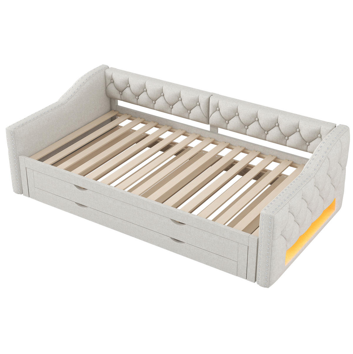 POLSTERBETT 140/200 cm aus MDF und Sperrholz mit Leinenbezug LED-Beleuchtung und Stauraum Beige - Beige, Holzwerkstoff (140/200cm) - Modenvie