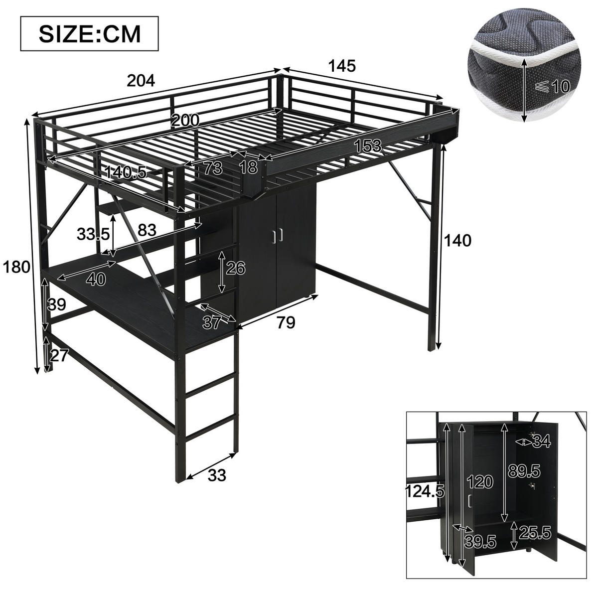 HOCHBETT 140/200 cm aus Metall und MDF mit Schreibtisch und Kleiderschrank Schwarz - Schwarz, Holzwerkstoff (140/200cm) - Modenvie