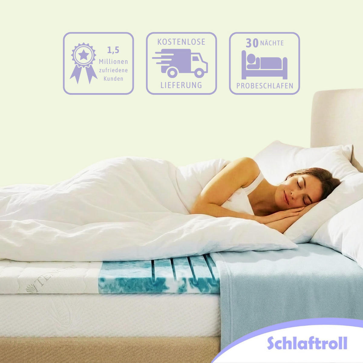 GEL TOPPER 200x200 cm 8 cm hoch 7 Zonen Matratzentopper druckentlastend atmungsaktiv kuehlend - Weiß, Textil (200/200cm) - Schlaftroll
