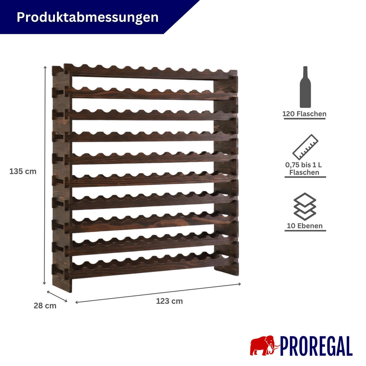 WEINREGAL NAVARRA aus Holz 135x123x28cm 120 Flaschen auf 10 Ebenen Braun geölt - Braun, Holz (123/135/28cm) - PROREGAL